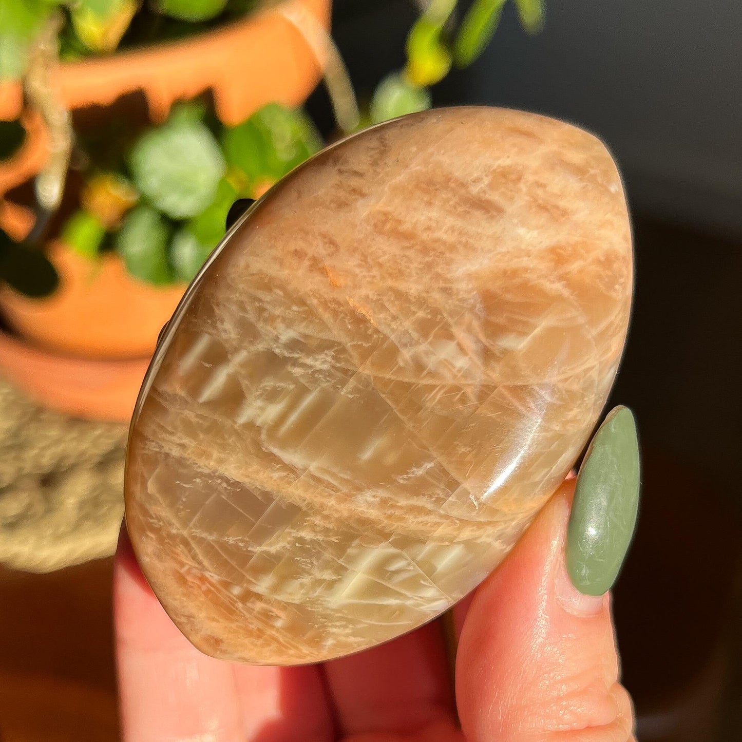 Peach Moonstone Palm Stone, Orange Polished Crystal