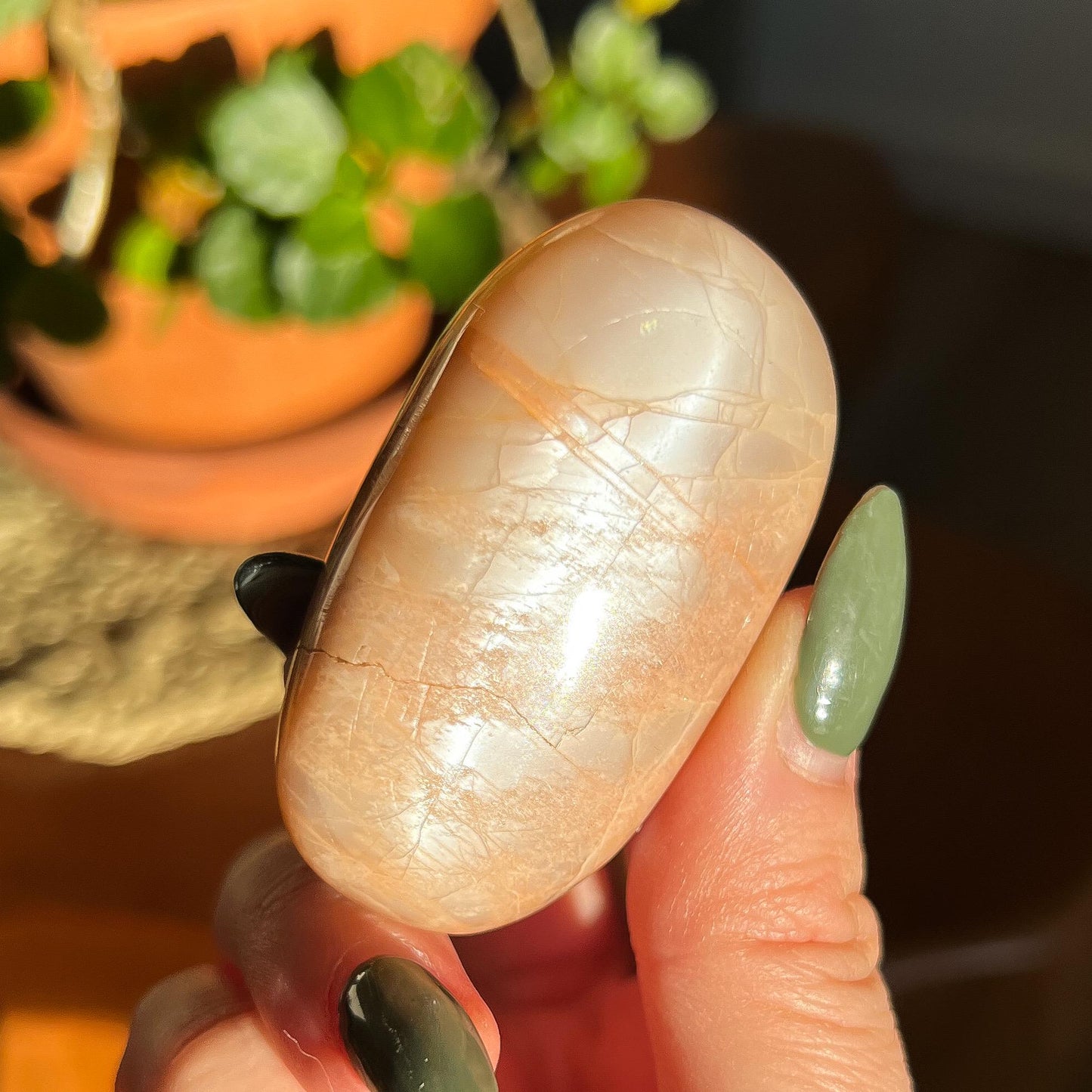 Peach Moonstone Palm Stone, Orange Polished Crystal