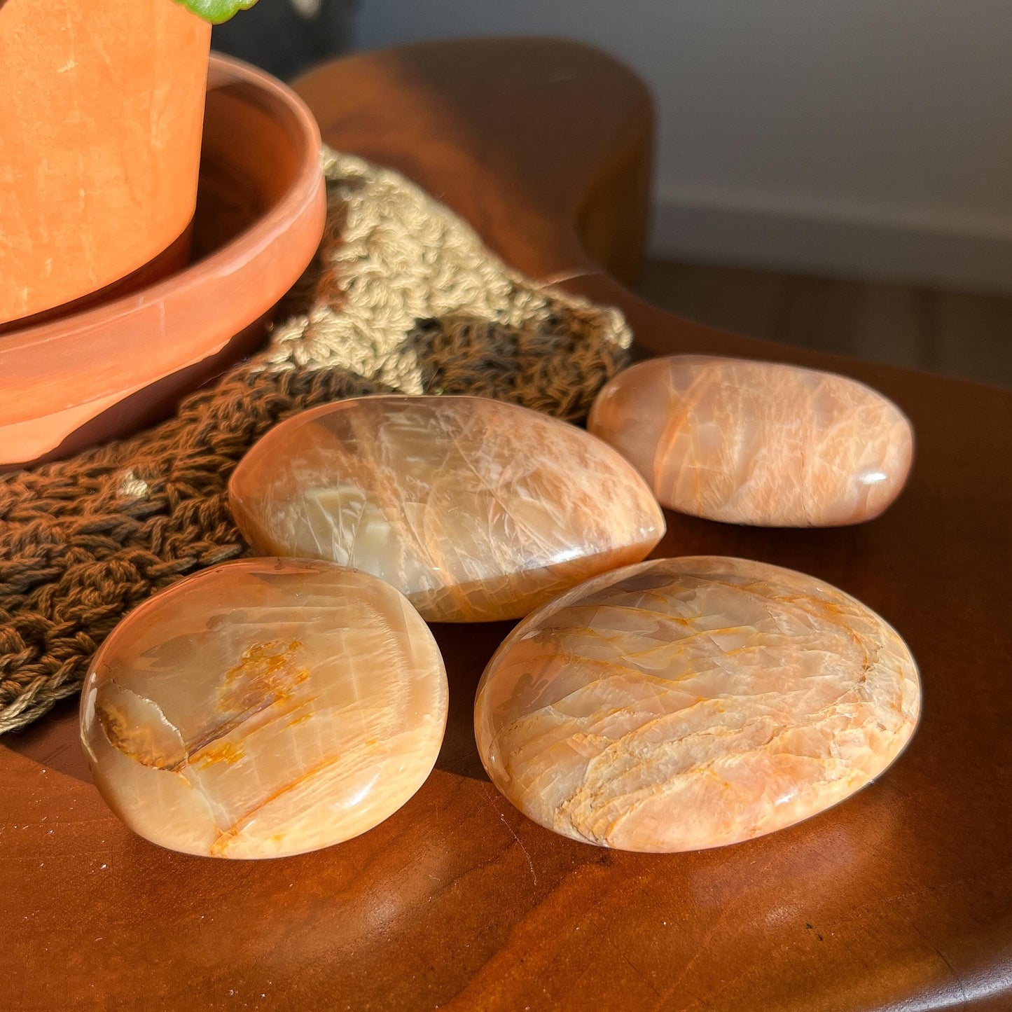 Peach Moonstone Palm Stone, Orange Polished Crystal