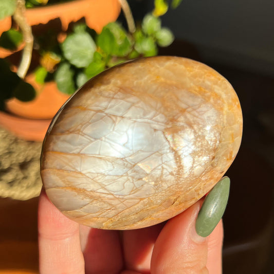 Peach Moonstone Palm Stone, Orange Polished Crystal