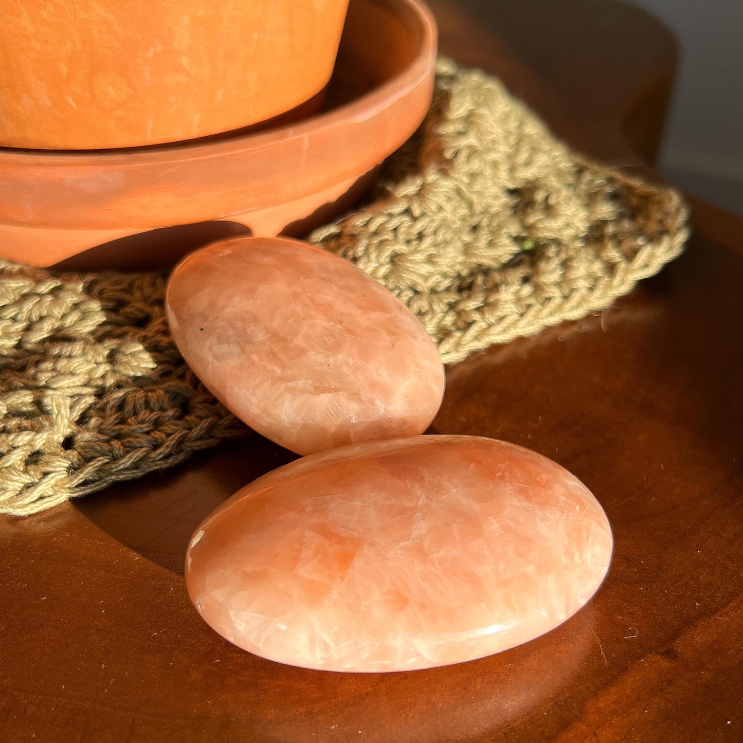 Peach Stilbite Palm Stones