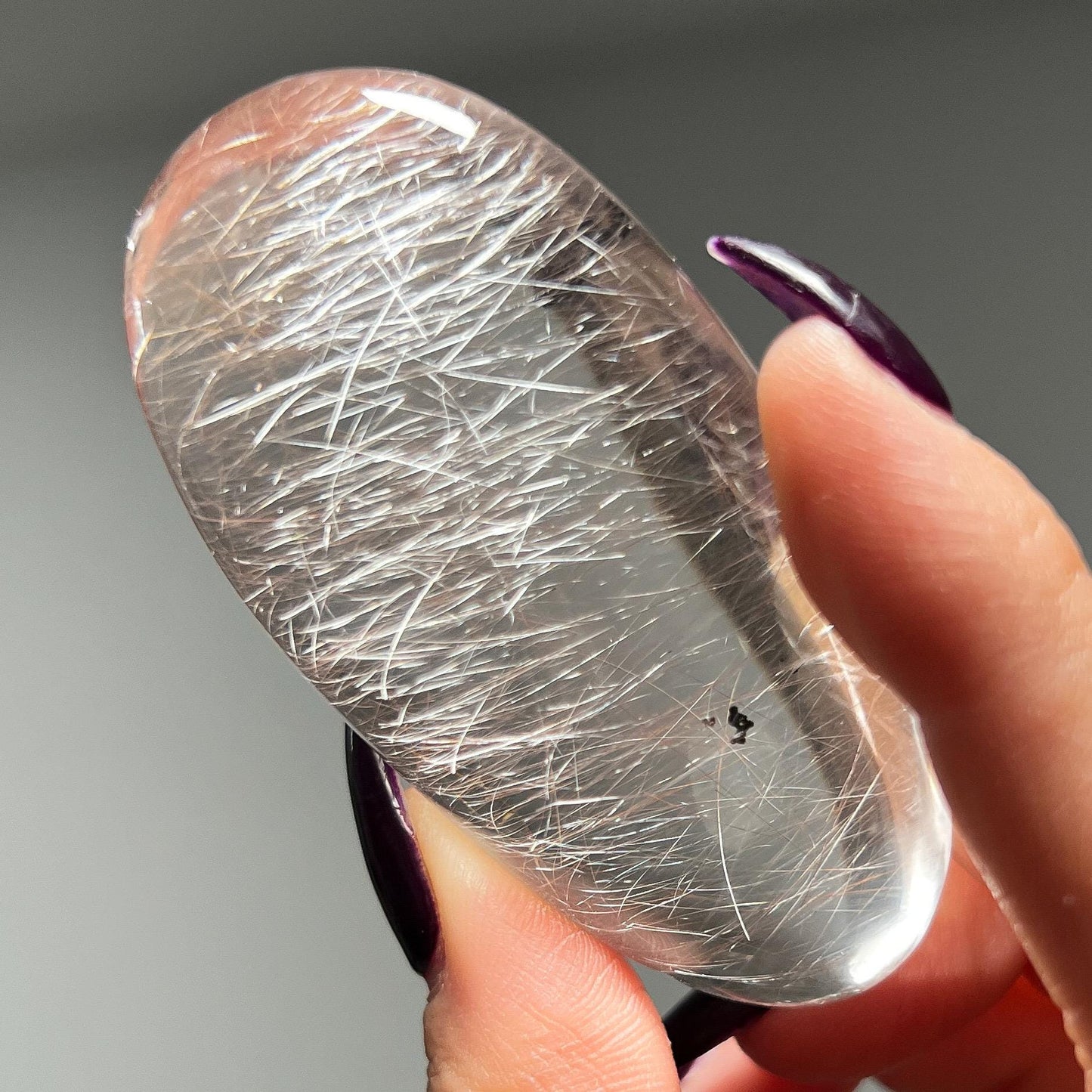 Silver Pink Rutilated Quartz with Hematite Palm Stone