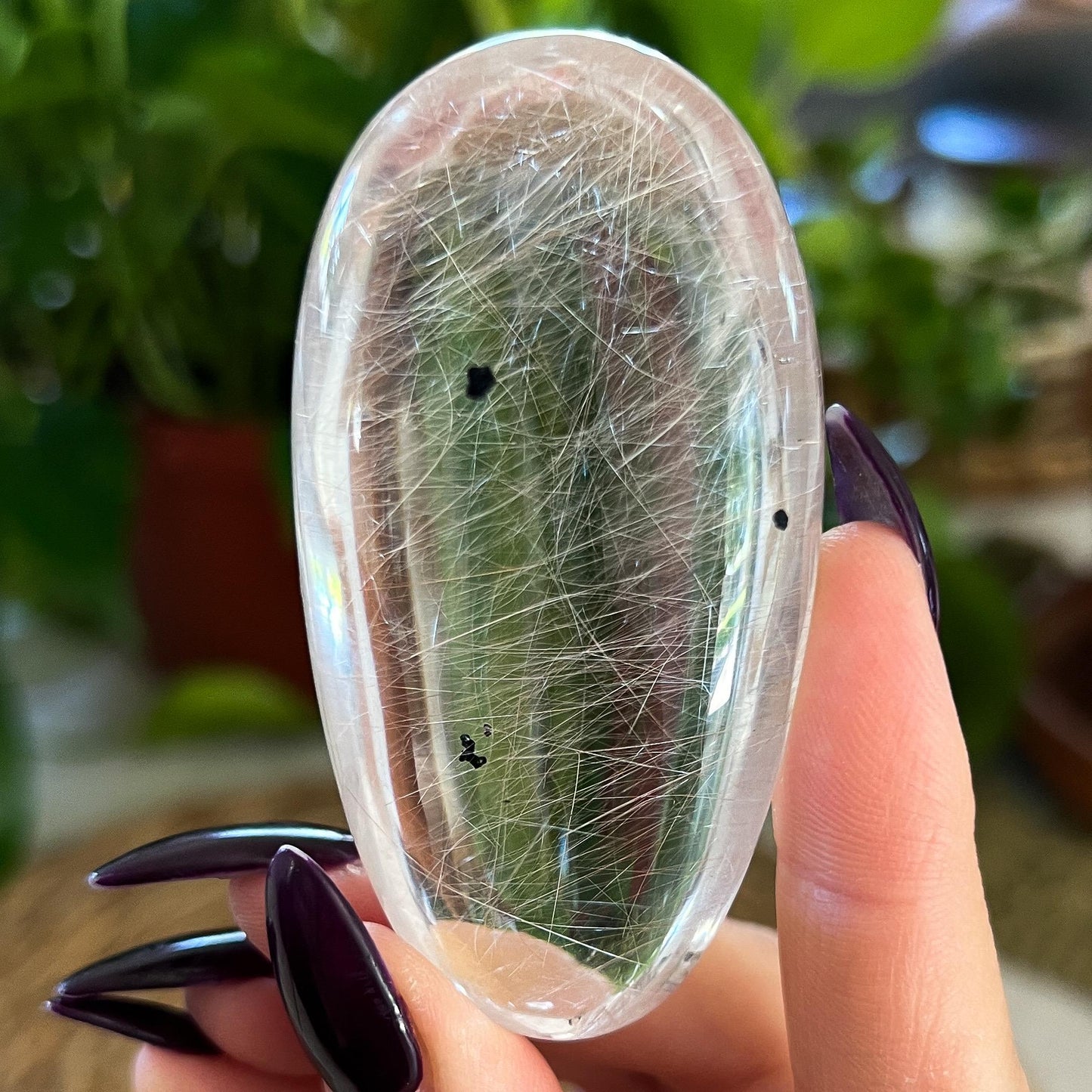 Silver Pink Rutilated Quartz with Hematite Palm Stone