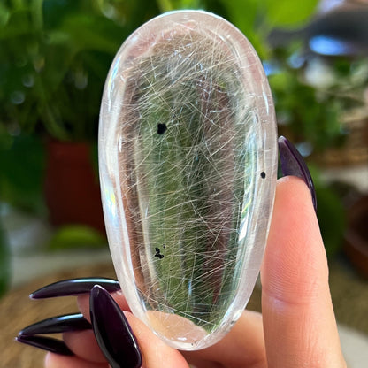 Silver Pink Rutilated Quartz with Hematite Palm Stone