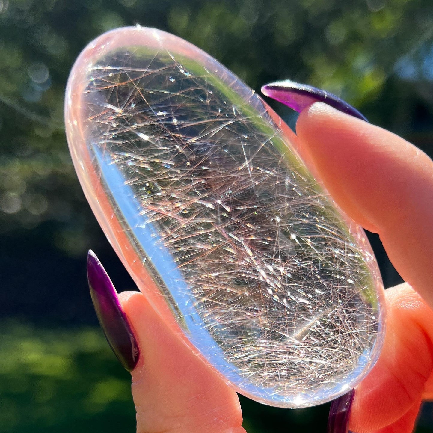 Silver Pink Rutilated Quartz with Hematite Palm Stone