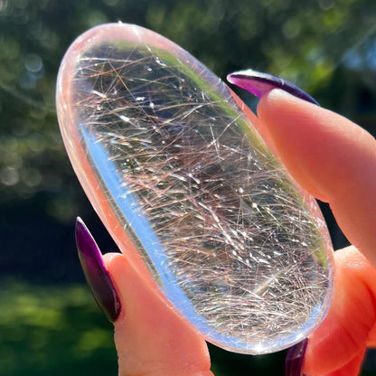 Silver Pink Rutilated Quartz with Hematite Palm Stone