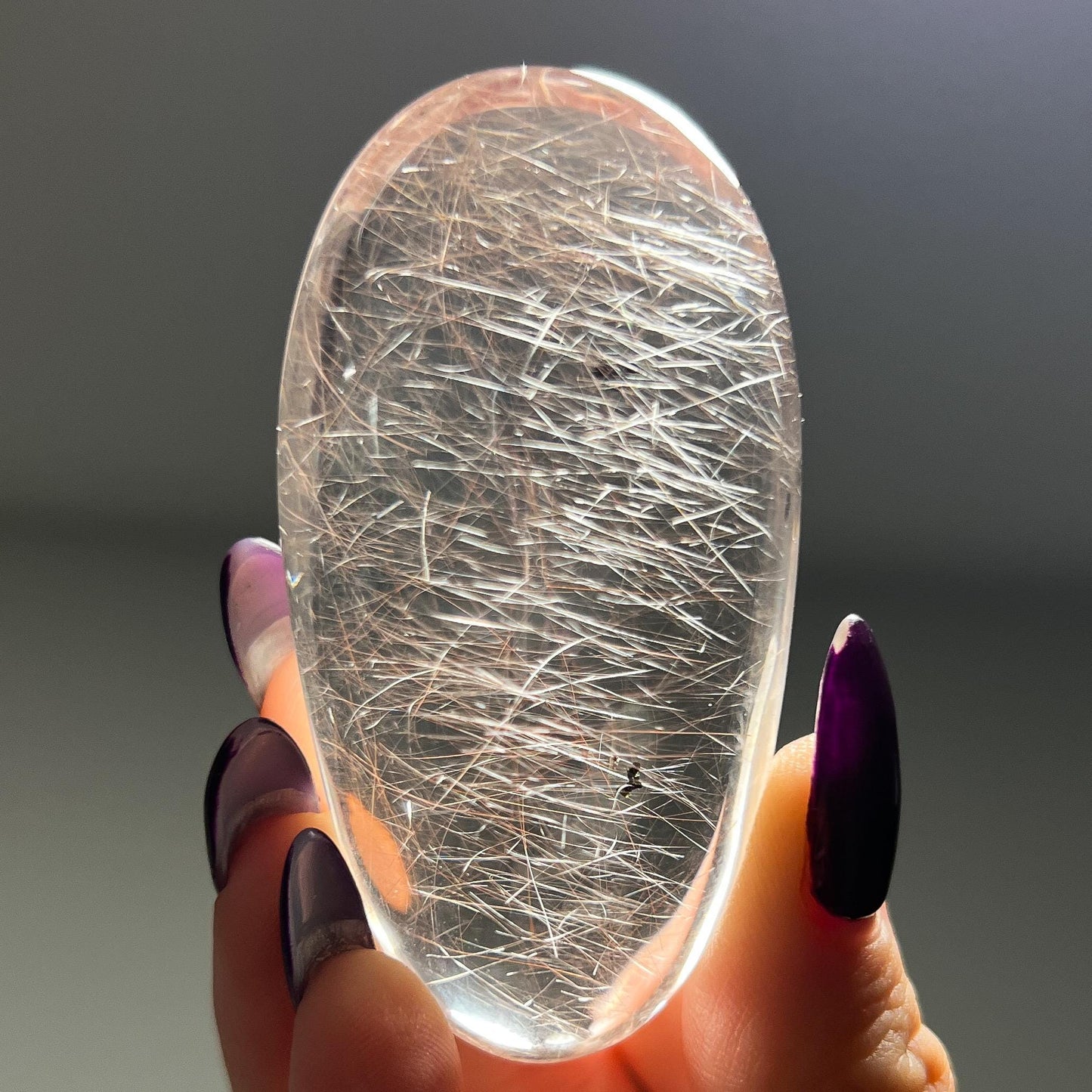 Silver Pink Rutilated Quartz with Hematite Palm Stone