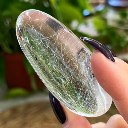 Silver Pink Rutilated Quartz with Hematite Palm Stone