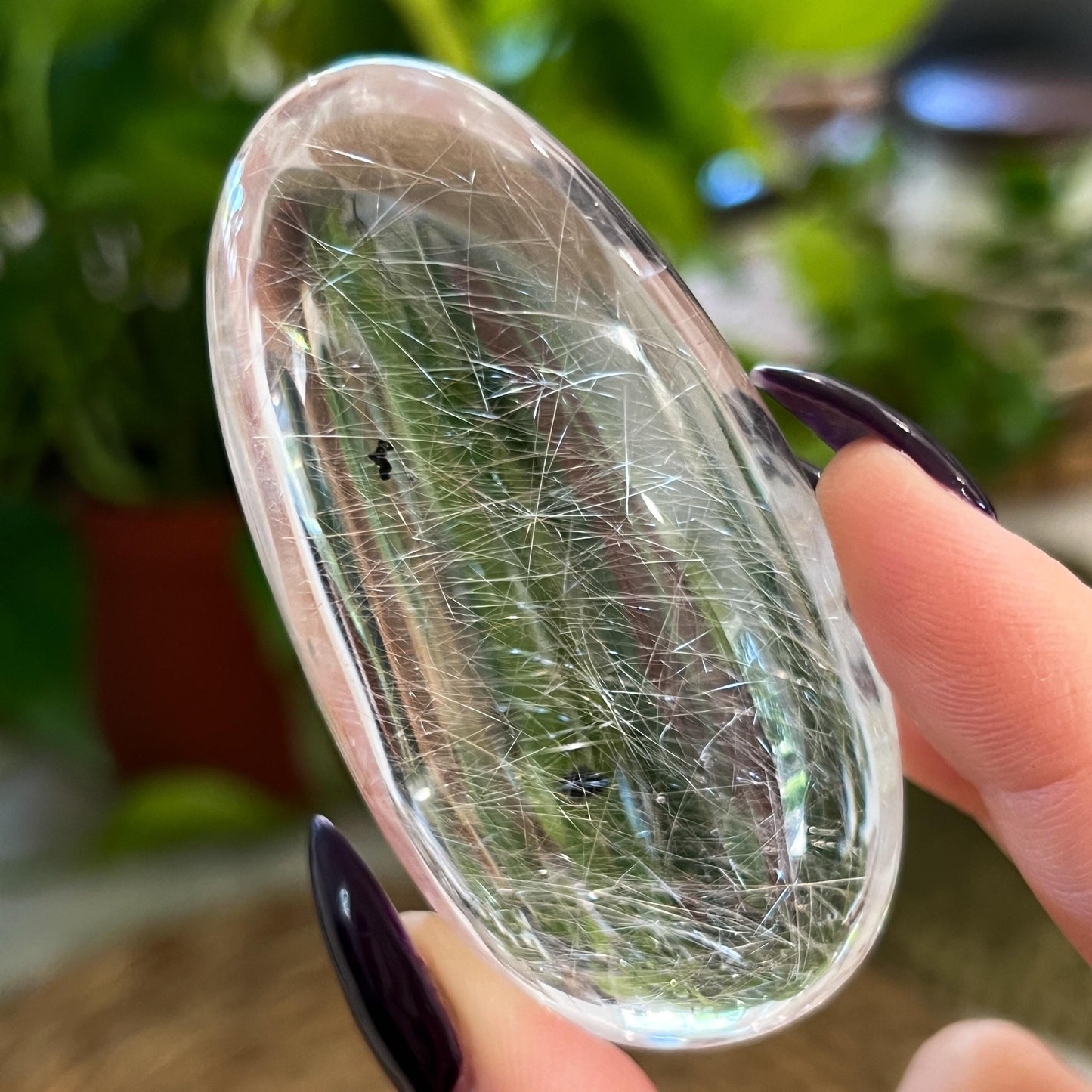 Silver Pink Rutilated Quartz with Hematite Palm Stone