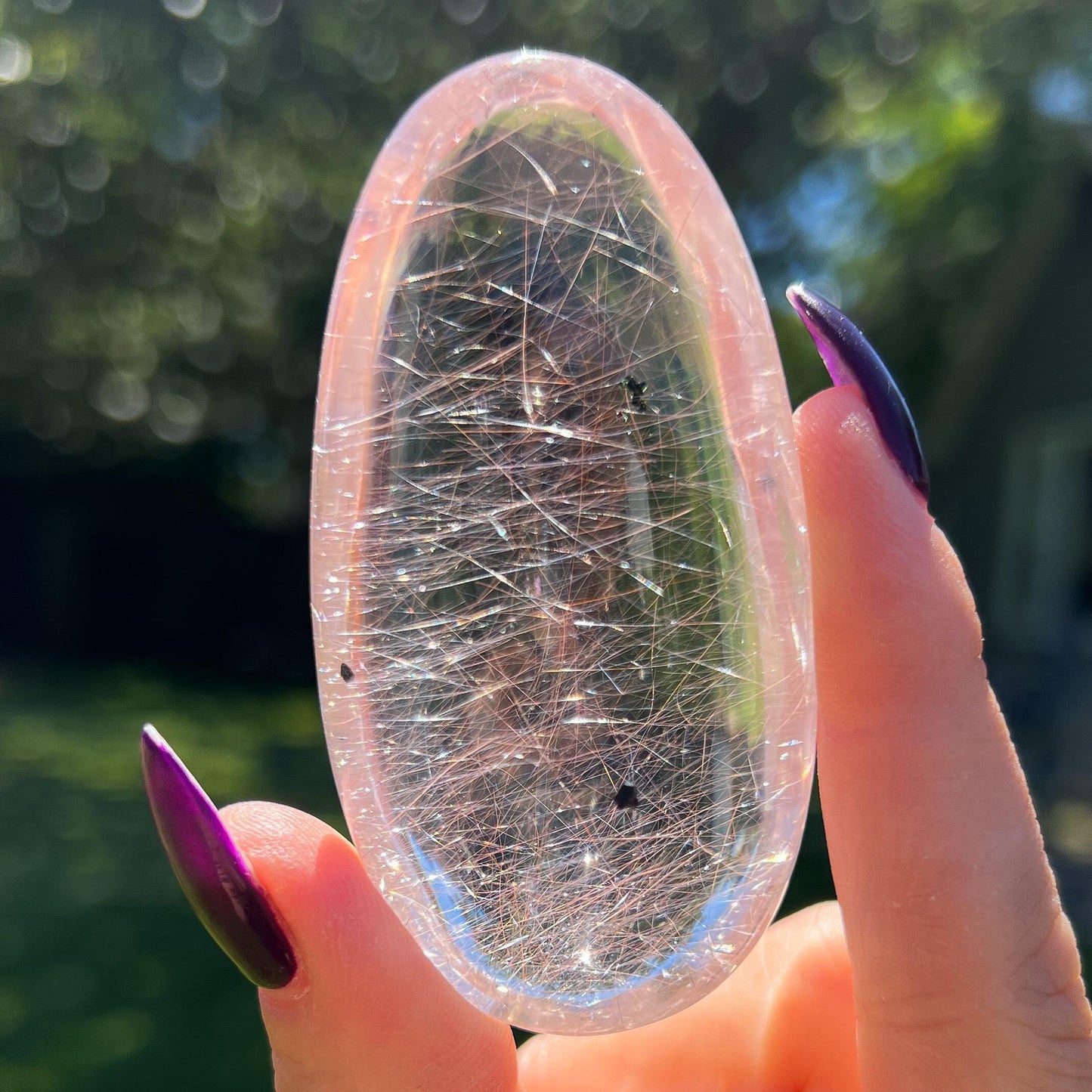 Silver Pink Rutilated Quartz with Hematite Palm Stone