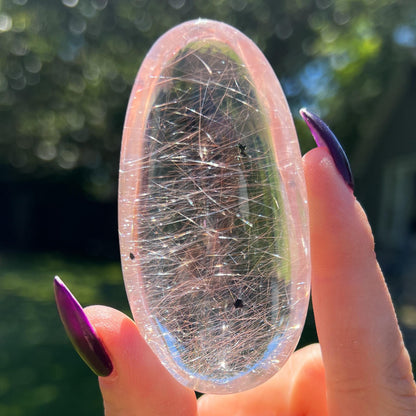 Silver Pink Rutilated Quartz with Hematite Palm Stone