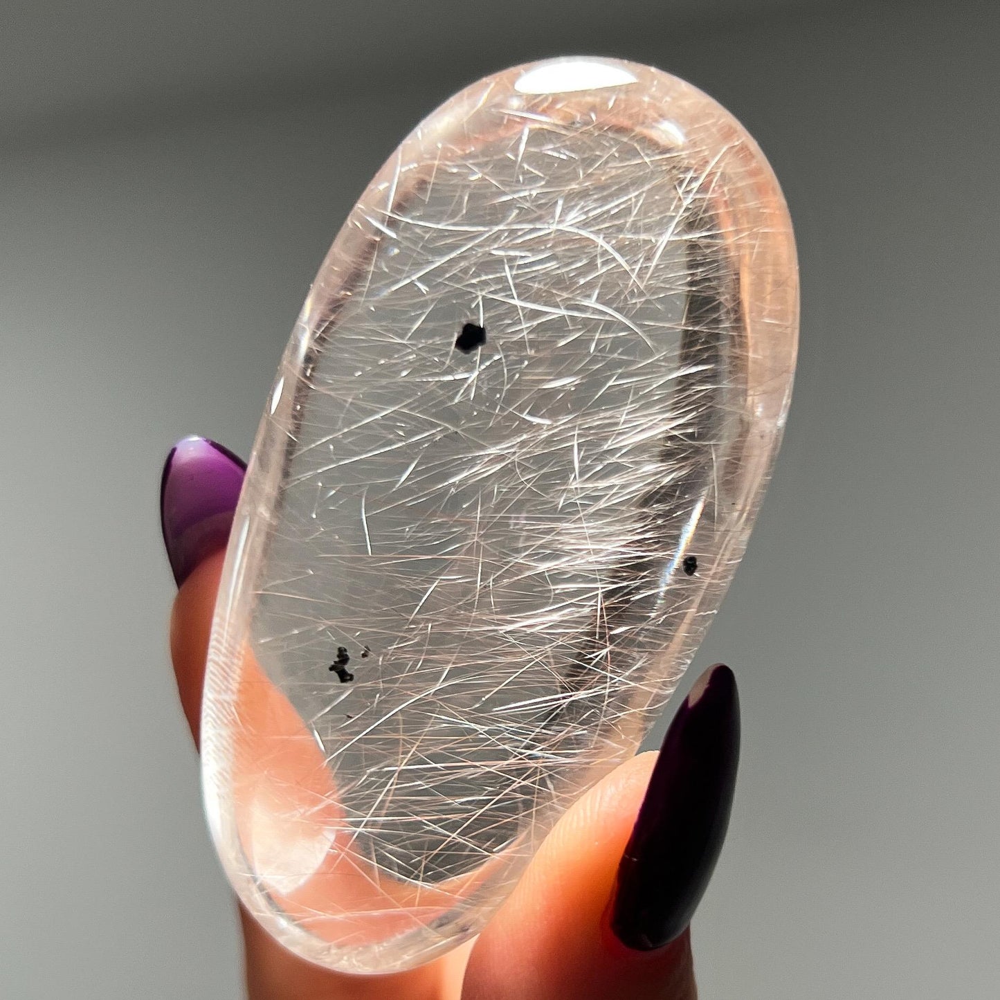 Silver Pink Rutilated Quartz with Hematite Palm Stone