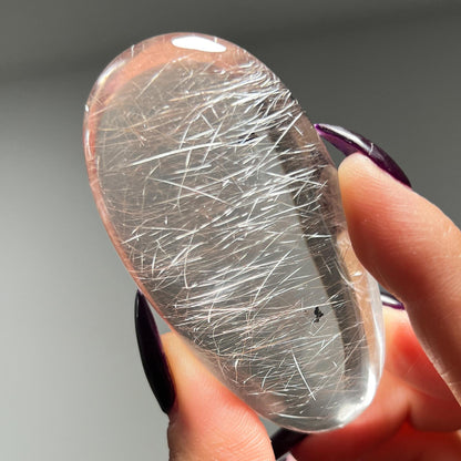 Silver Pink Rutilated Quartz with Hematite Palm Stone