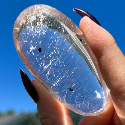 Silver Pink Rutilated Quartz with Hematite Palm Stone