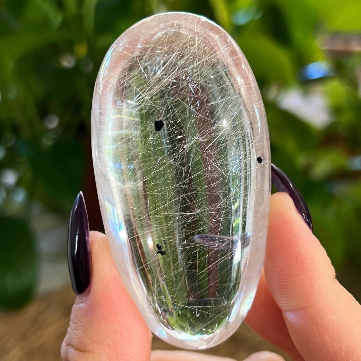 Silver Pink Rutilated Quartz with Hematite Palm Stone
