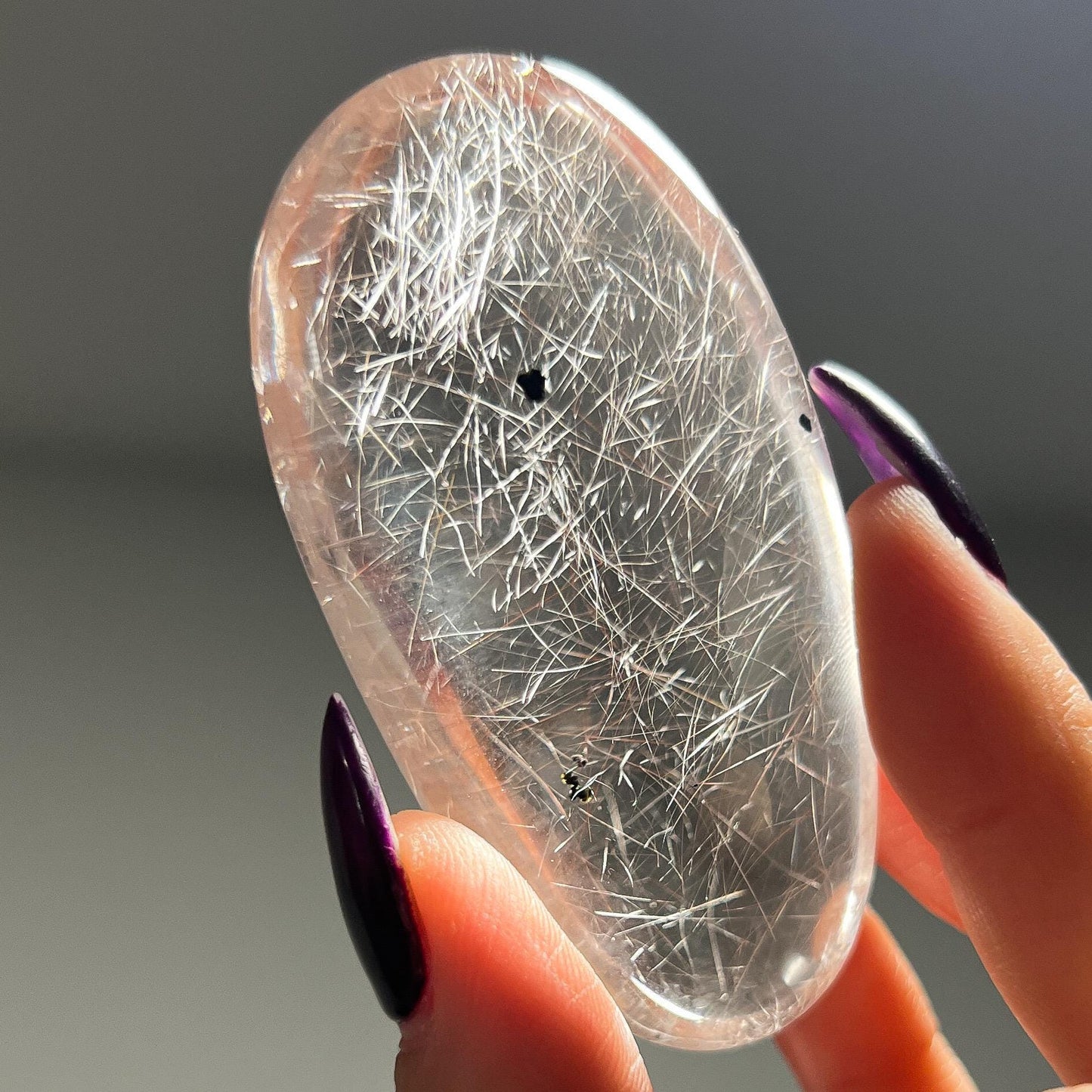 Silver Pink Rutilated Quartz with Hematite Palm Stone