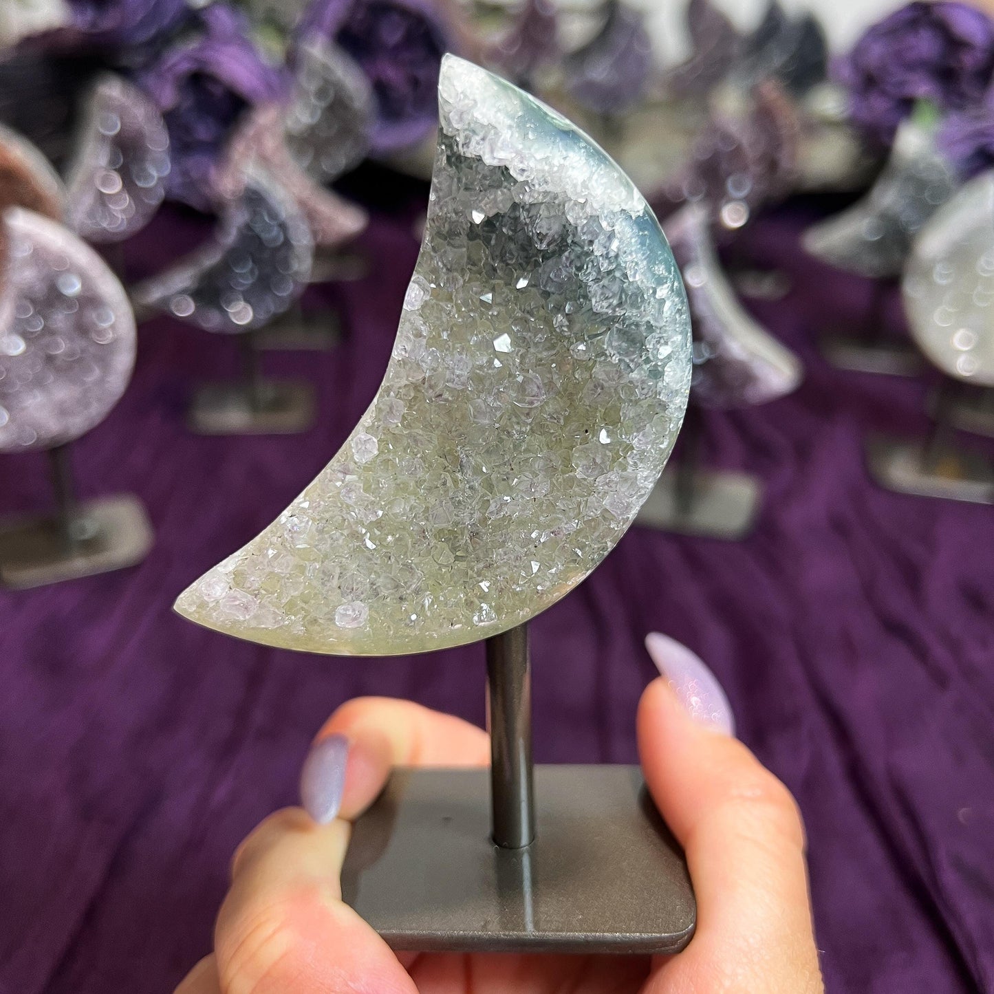 Rainbow Amethyst Moon Geode on Stands: Astrology Reiki Centerpiece