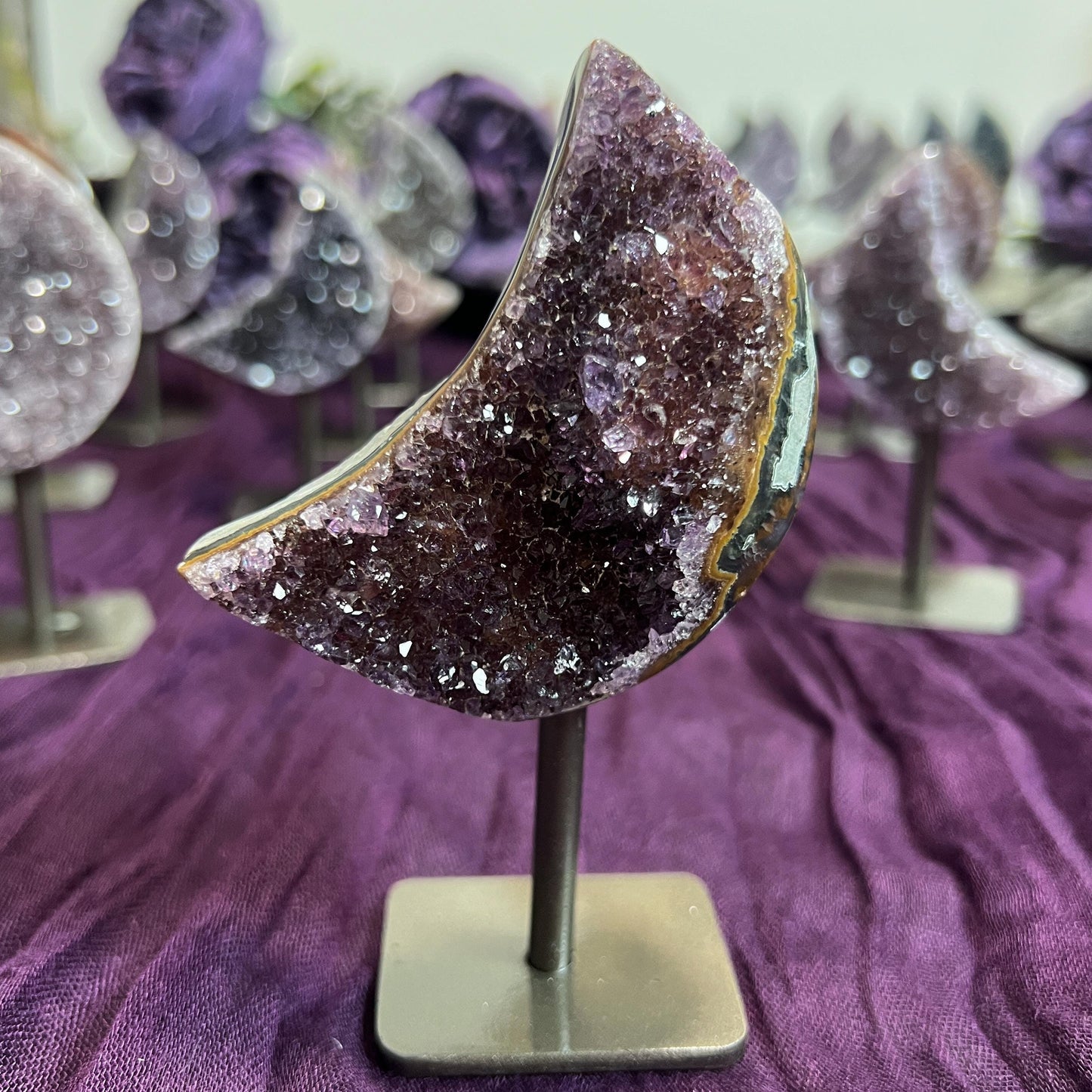 Rainbow Amethyst Moon Geode on Stands: Astrology Reiki Centerpiece