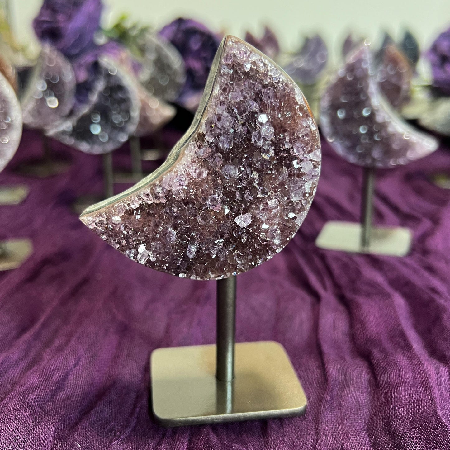 Rainbow Amethyst Moon Geode on Stands: Astrology Reiki Centerpiece