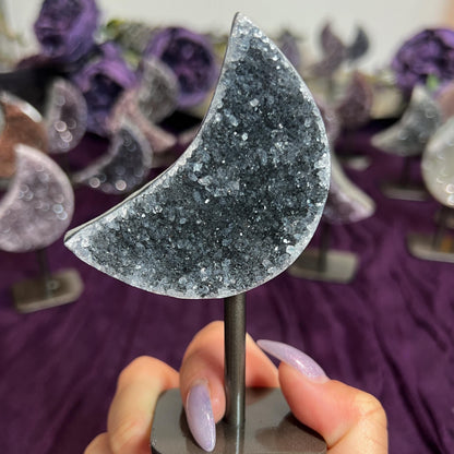 Rainbow Amethyst Moon Geode on Stands: Astrology Reiki Centerpiece
