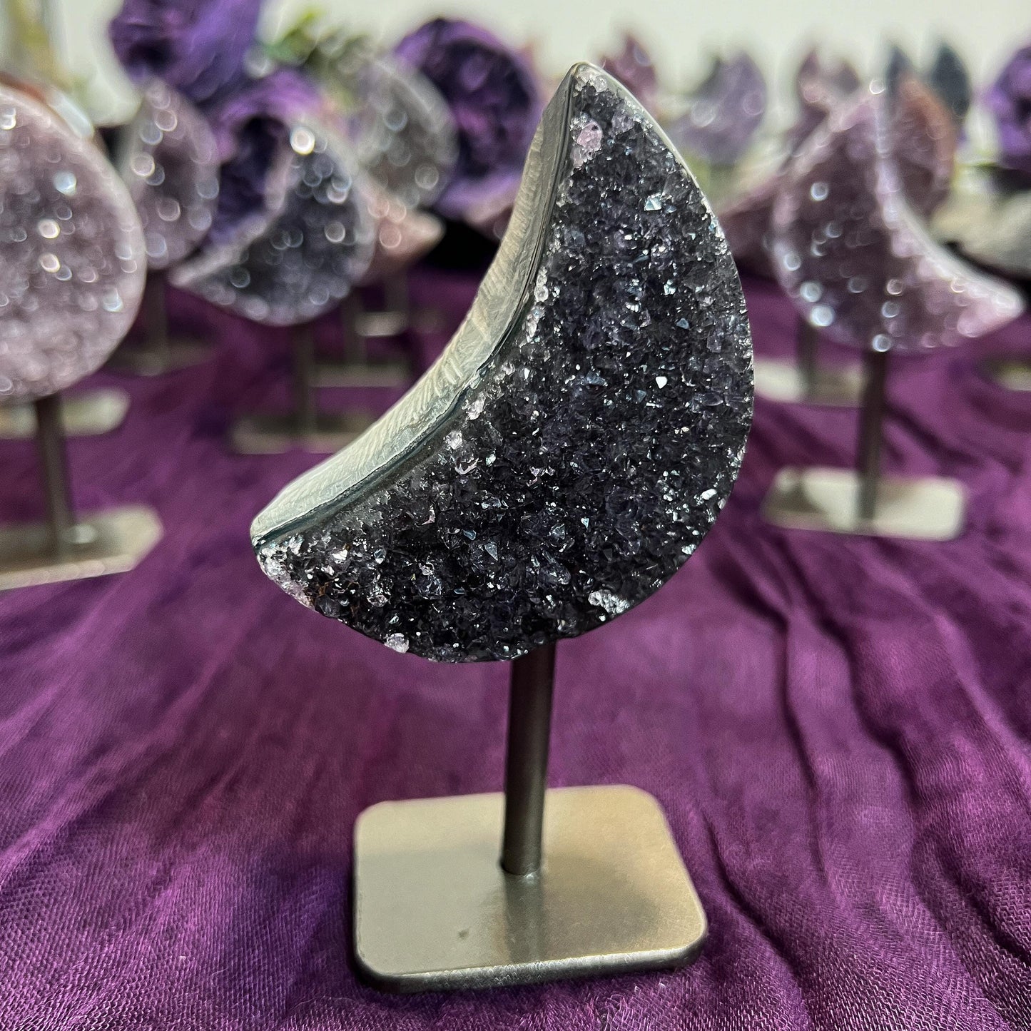Rainbow Amethyst Moon Geode on Stands: Astrology Reiki Centerpiece