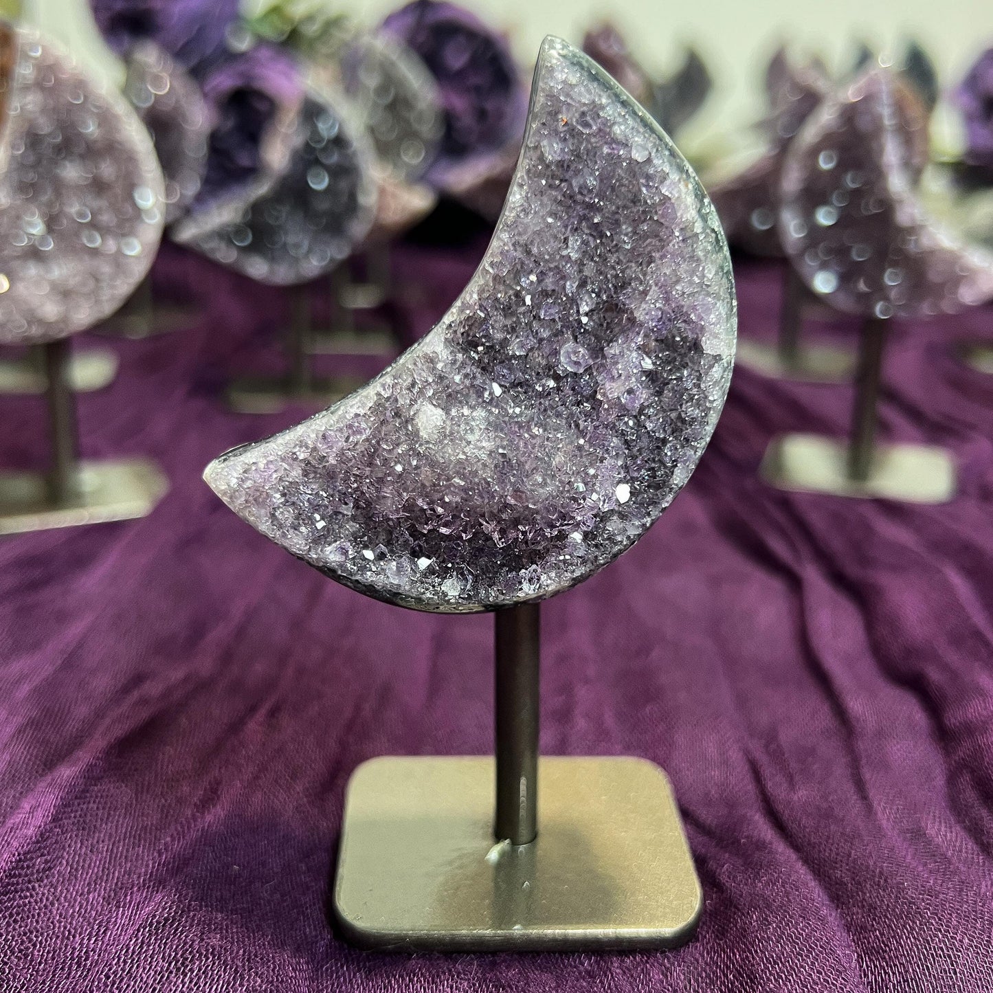 Rainbow Amethyst Moon Geode on Stands: Astrology Reiki Centerpiece