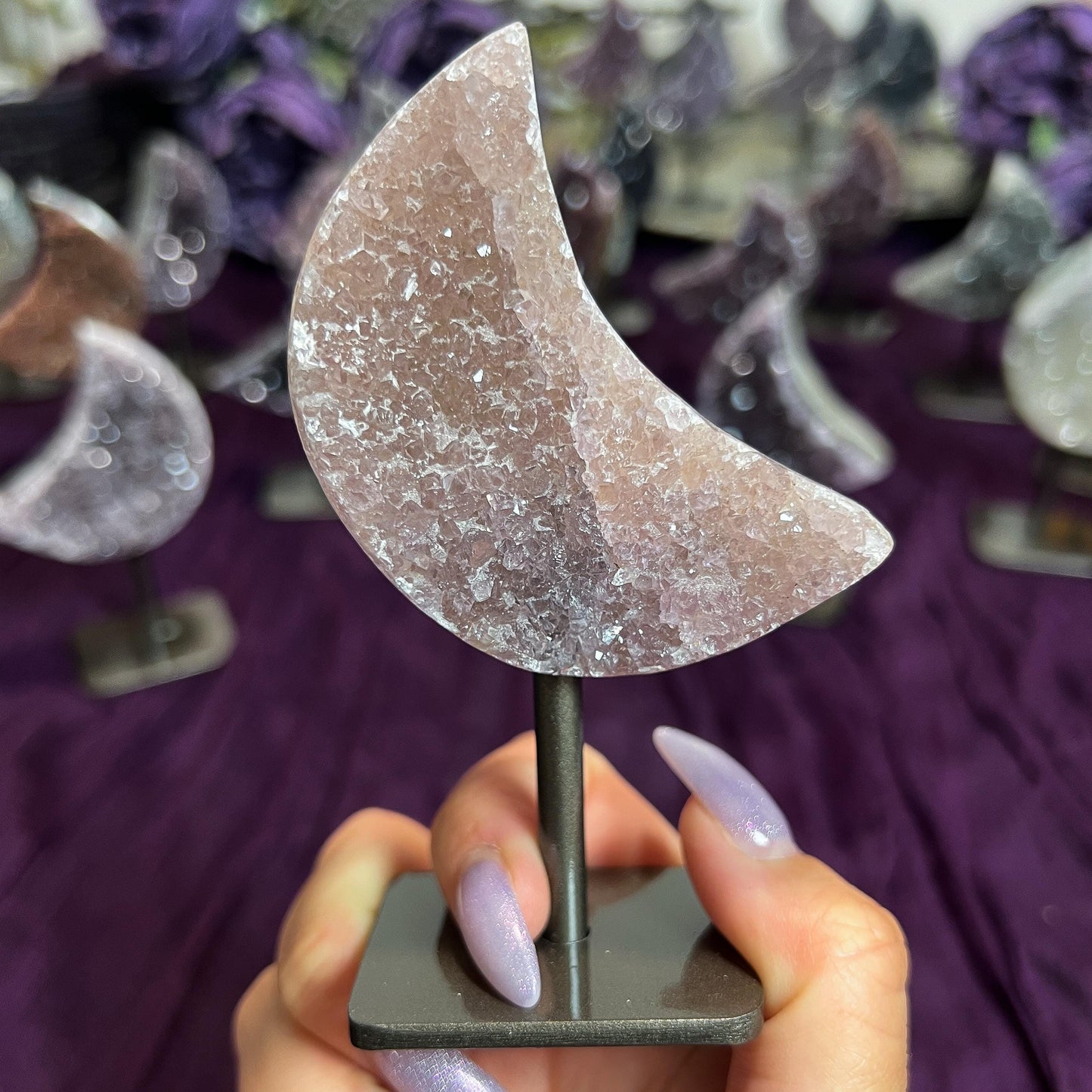 Rainbow Amethyst Moon Geode on Stands: Astrology Reiki Centerpiece
