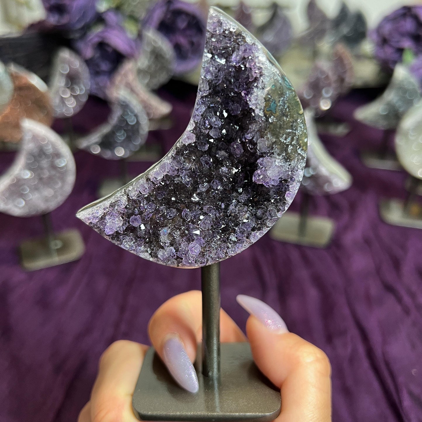 Rainbow Amethyst Moon Geode on Stands: Astrology Reiki Centerpiece