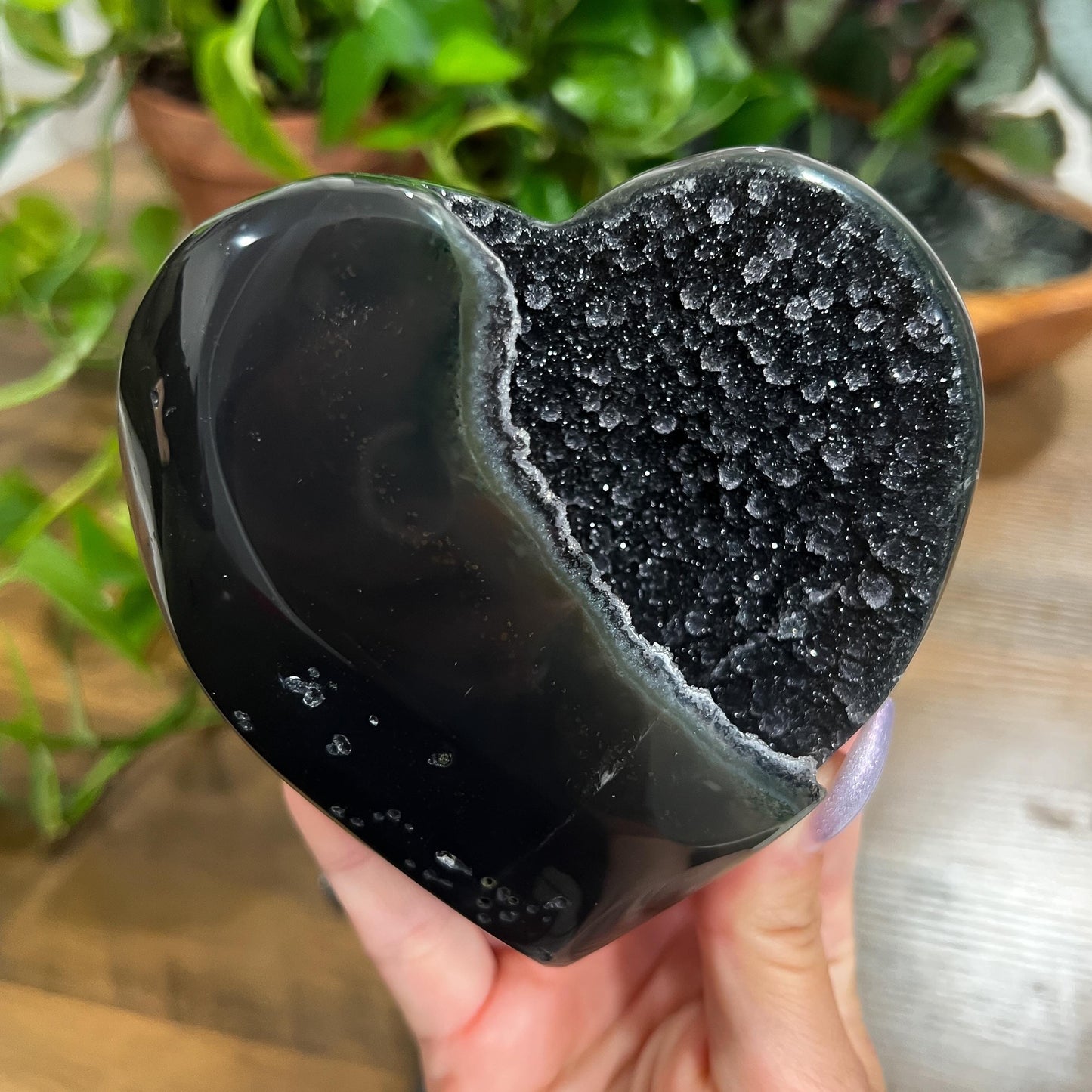 Black Galaxy Amethyst Heart: Druzy Crystal from Uruguay