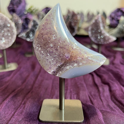 Rainbow Amethyst Moon Geode on Stands: Astrology Reiki Centerpiece