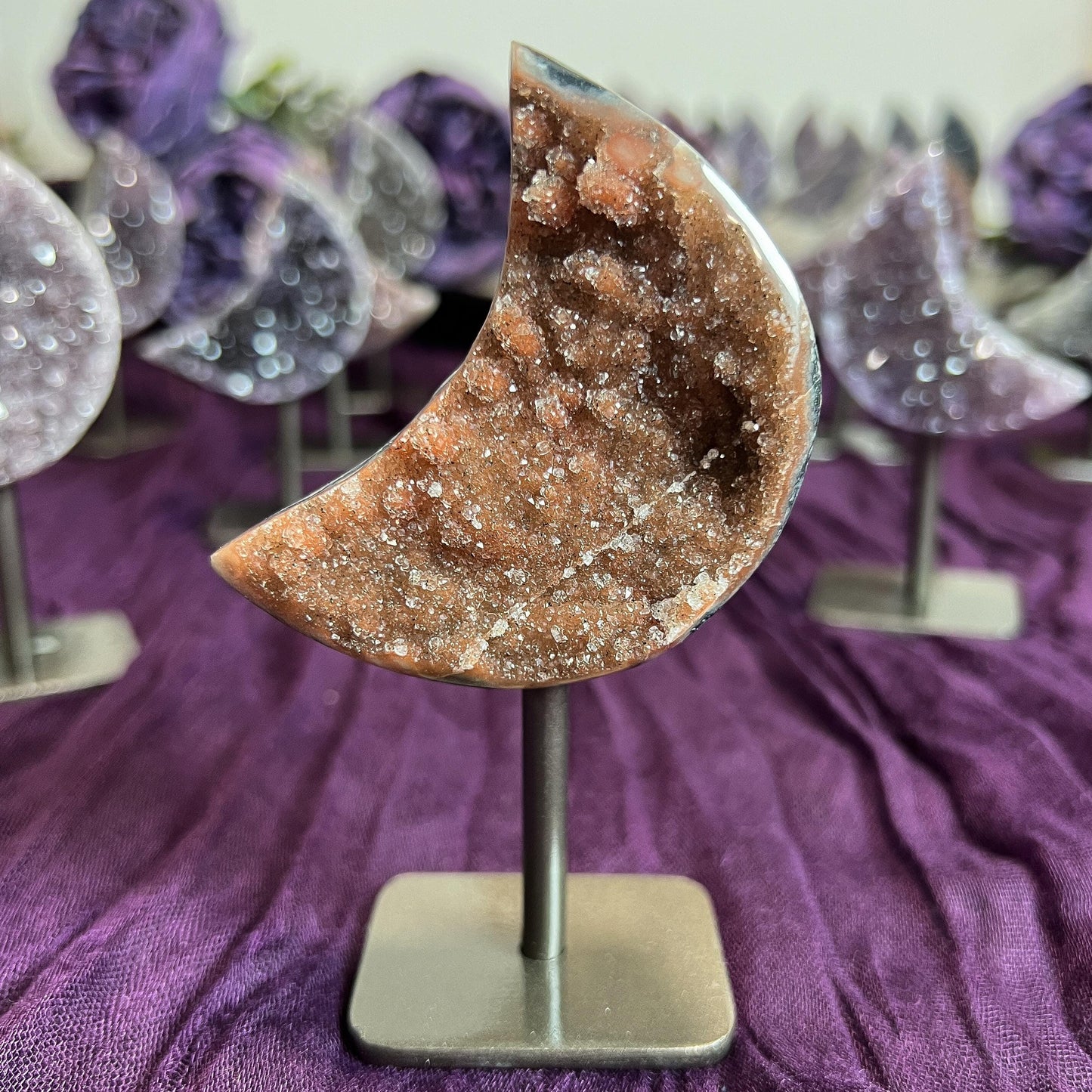 Rainbow Amethyst Moon Geode on Stands: Astrology Reiki Centerpiece