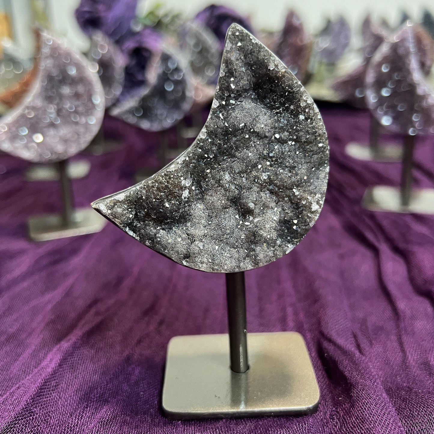 Rainbow Amethyst Moon Geode on Stands: Astrology Reiki Centerpiece