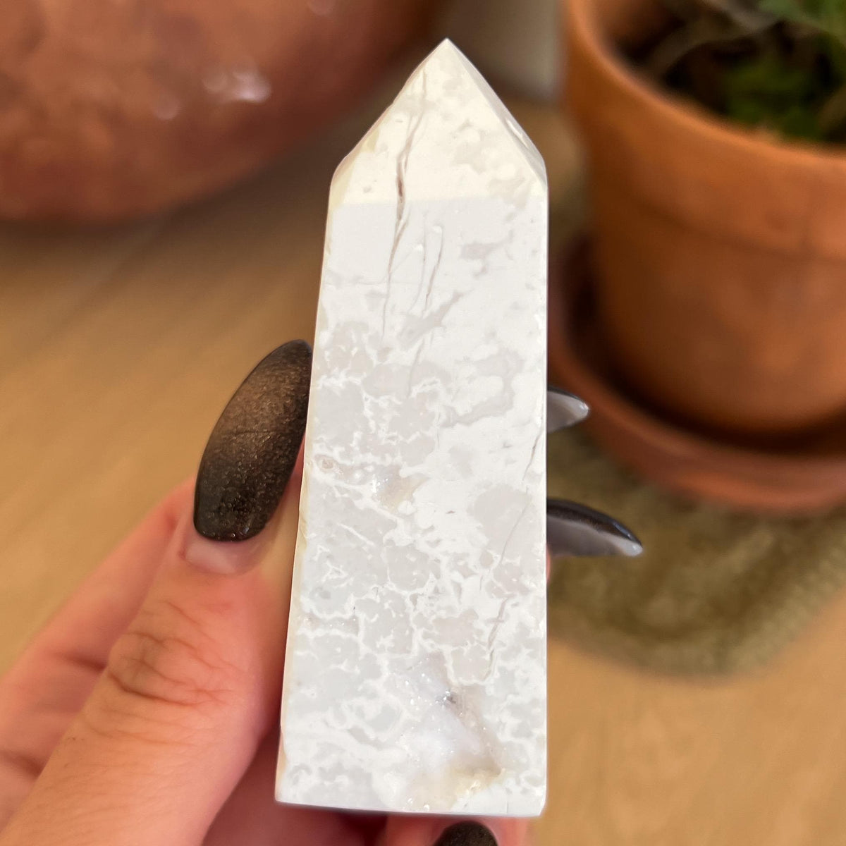 Druzy White Plume Agate Tower