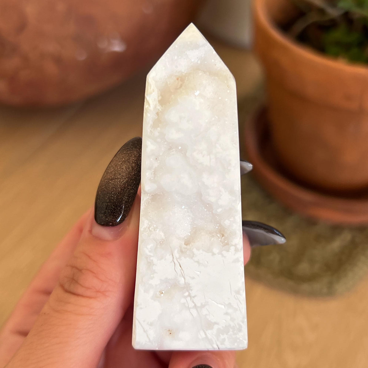 Druzy White Plume Agate Tower