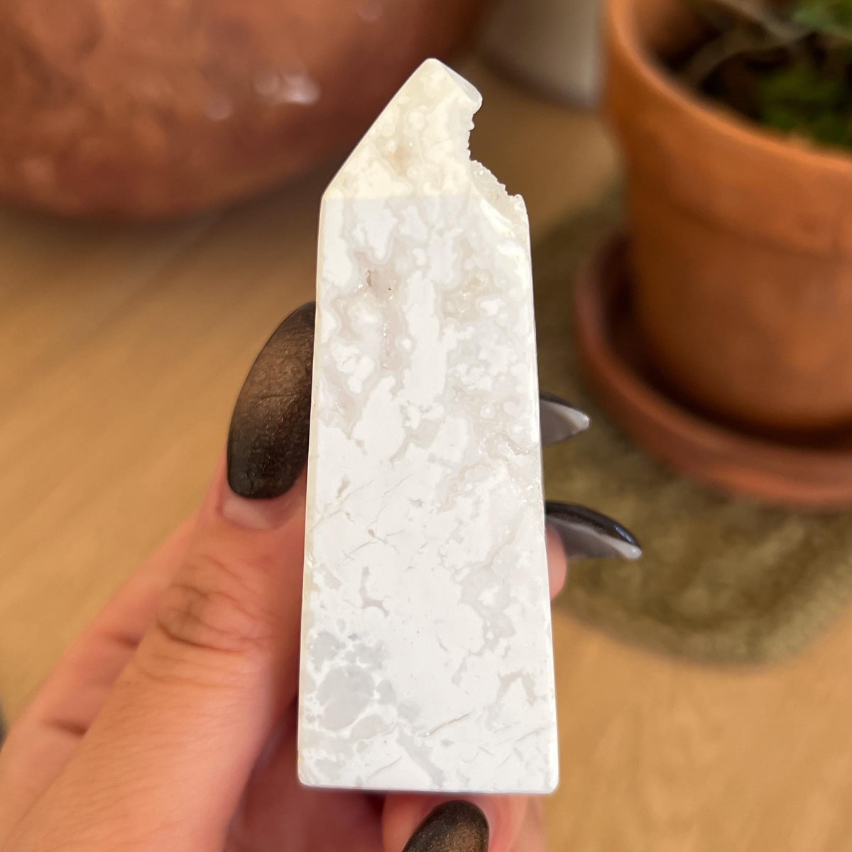 Druzy White Plume Agate Tower