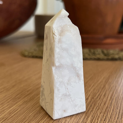 Druzy White Plume Agate Tower