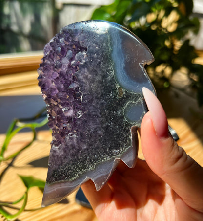 Amethyst Angel Wings with Stand: Uruguay Crystal Banded Agate