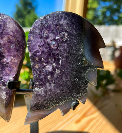 Amethyst Angel Wings with Stand: Uruguay Crystal Banded Agate