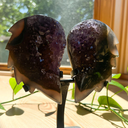 Amethyst Angel Wings with Stand: Uruguay Crystal Banded Agate