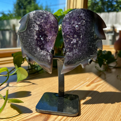 Amethyst Angel Wings with Stand: Uruguay Crystal Banded Agate